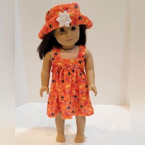 Handmade Orange Space-themed Sundress & Hat. Fits 18-inch American Girl Doll.